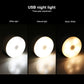 USB rechargeable LED night light showing bright white, natural, and warm glow