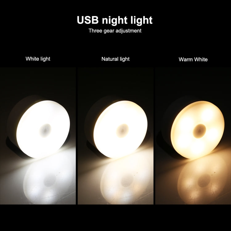 USB rechargeable LED night light showing bright white, natural, and warm glow