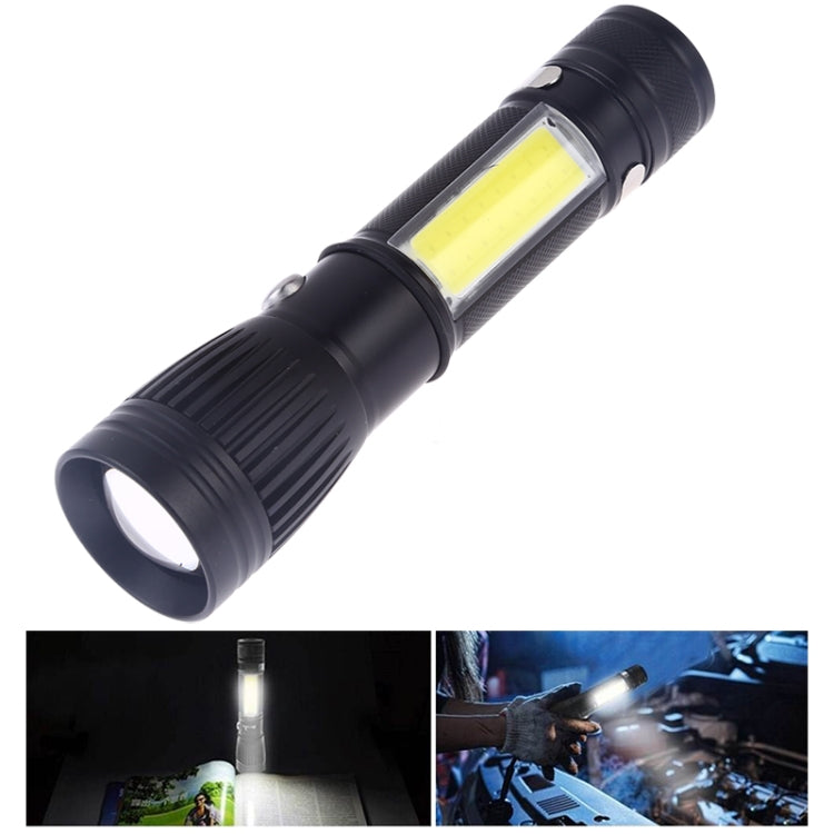 Black LED electric torch flashlight with bright yellow COB light panel, front view