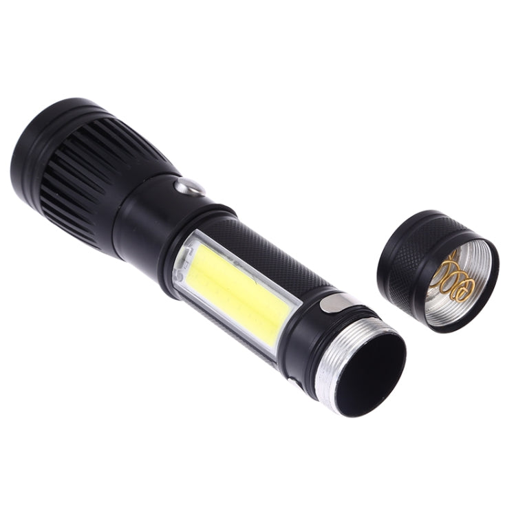 Black electric torch flashlight with COB LED panel and silver rim; side cap visible