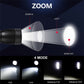 Black LED torch flashlight showing zoom and 4 light modes on graphic