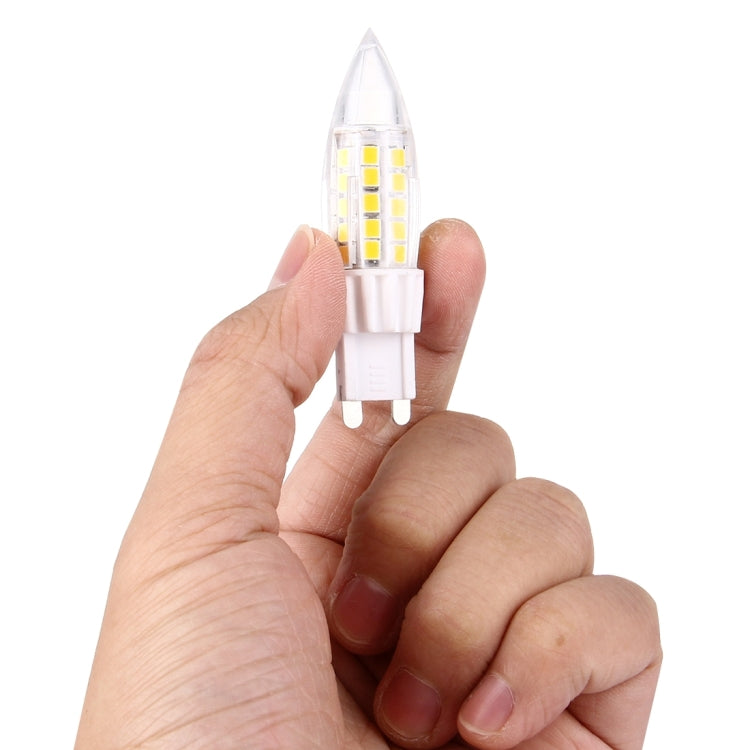 Hand holding clear LED bulb with white base and yellow SMD chips