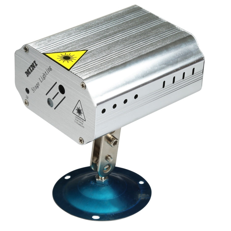 Silver mini laser stage light angled view with metal mount and round blue base
