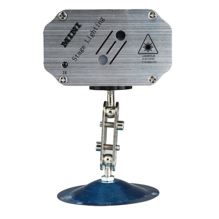 Silver laser stage light underside view with control markings and pole mount