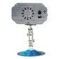 Silver mini laser stage light rear panel with buttons, mic setting, and mount