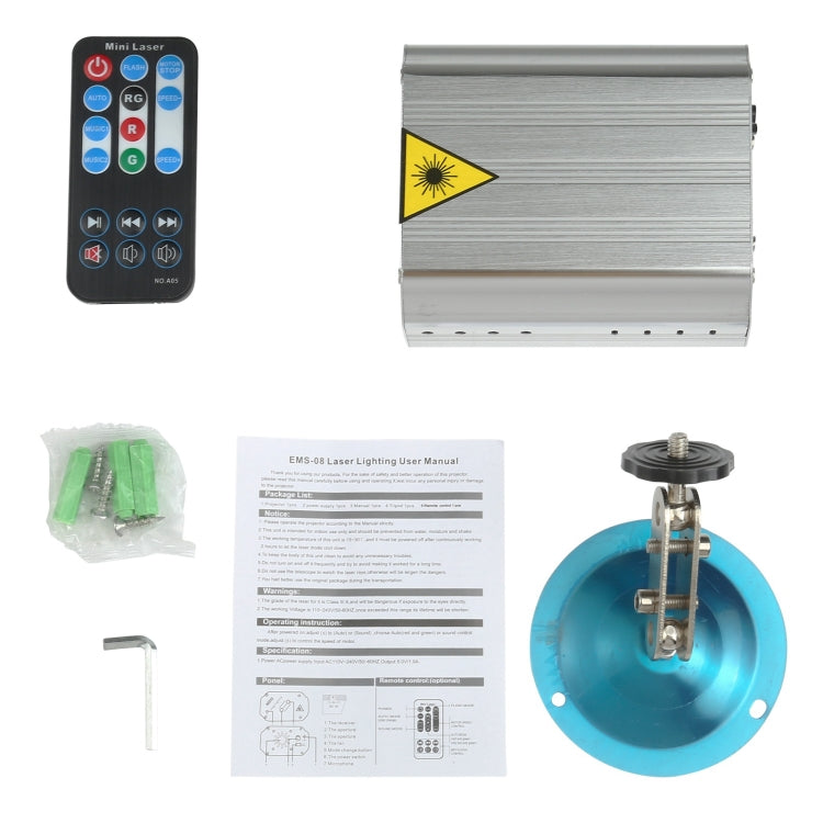 Laser stage light kit with remote, manual, mounting parts, and round blue base