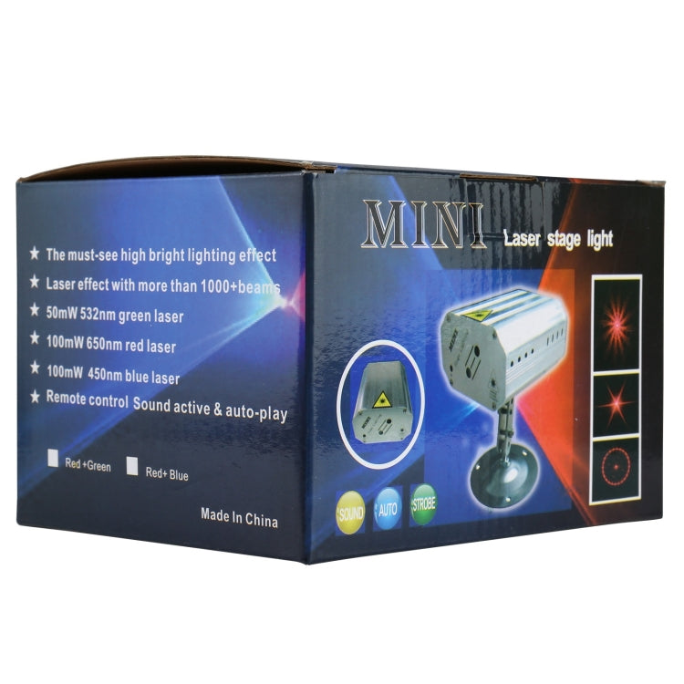 Mini laser stage light retail box with product graphics and remote color buttons
