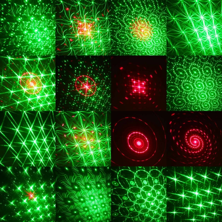 Mini laser stage light projecting green and red starburst laser patterns