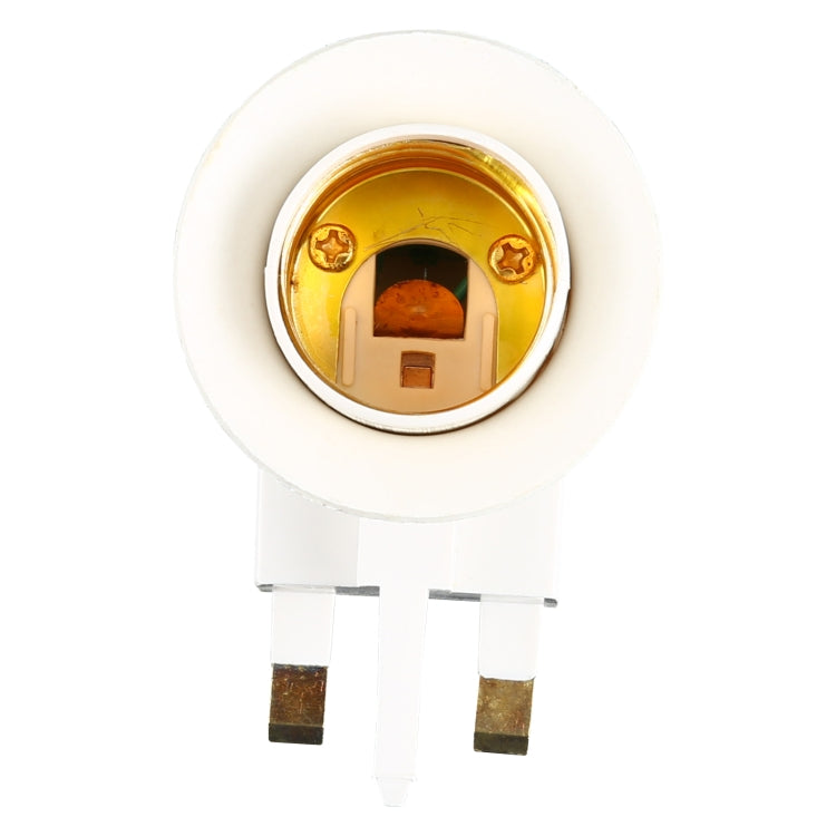 White E27 lamp holder adapter with brass screw terminals, viewed from front