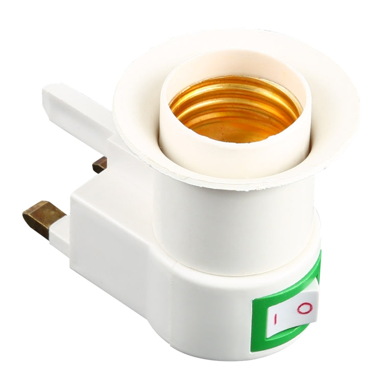 White E27 lamp holder adapter with brass socket insert and green rocker switch