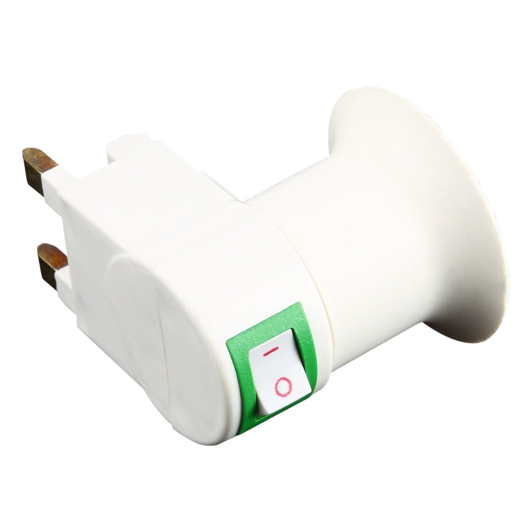 White E27 lamp holder adapter with green power rocker switch and two prongs