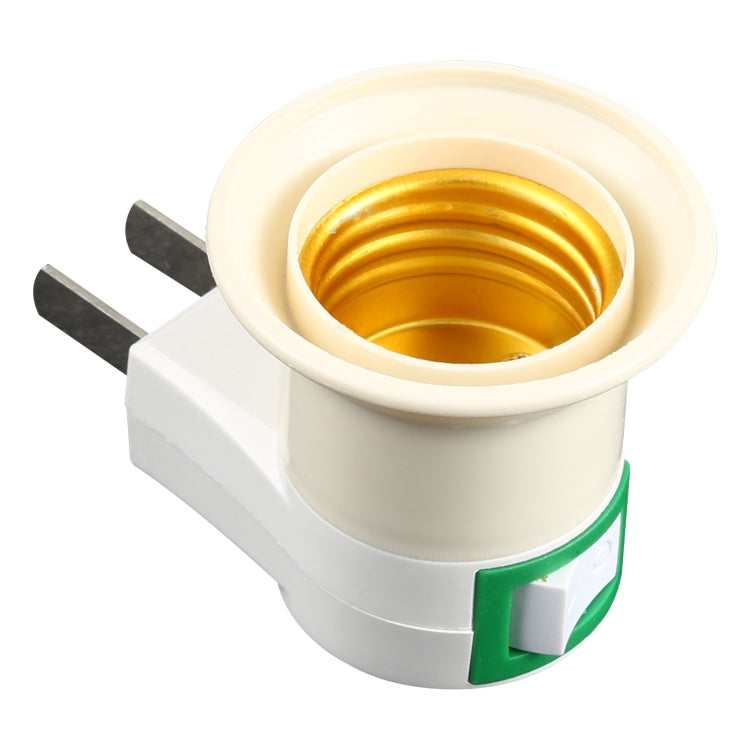 White E27 lamp holder with brass socket ring and green switch detail