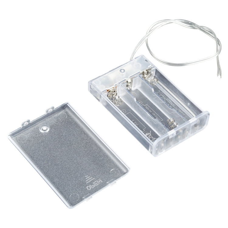 Transparent LED battery box with open cover and metal battery contacts