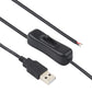 Black USB cable with inline switch module and bare wire ends