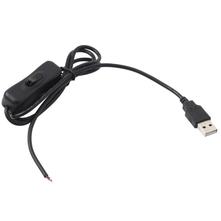 Black USB power cable with inline switch and USB connector with wire leads