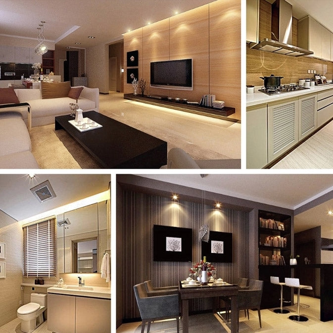 Warm white LED lighting in a modern dining and kitchen room