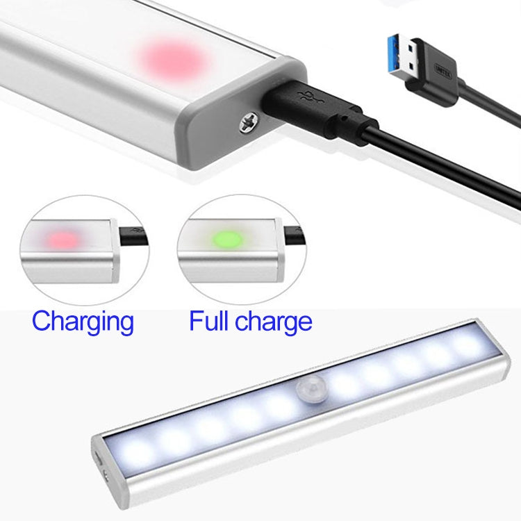 USB-charging LED sensor light bar with charging cable connected