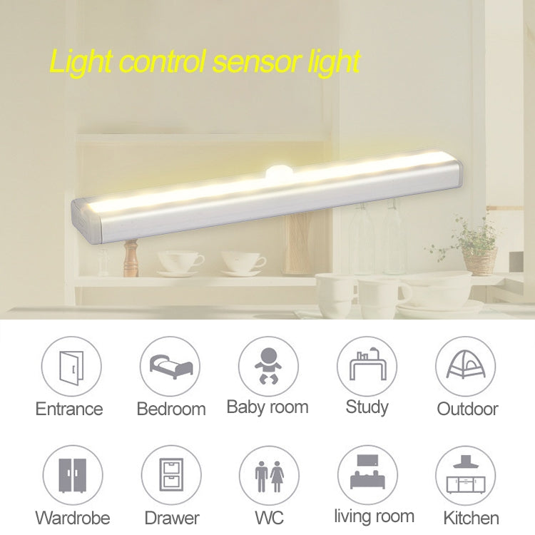 Warm white LED sensor light bar illuminating the inside of a cabinet area