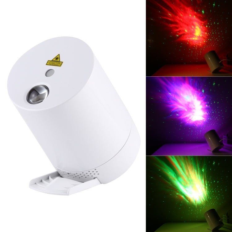 Voice-controlled LED laser starlight projection lamp, white, angled view with lens and base