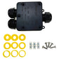 Black terminal junction box with three yellow sealing rings and mounting screws