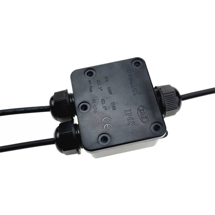Black waterproof junction box with two cable connections and gland fittings