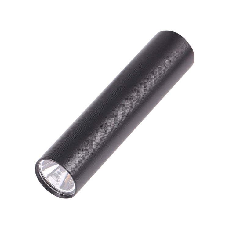 Mini cylindrical flashlight with dark metal body and white front light lens