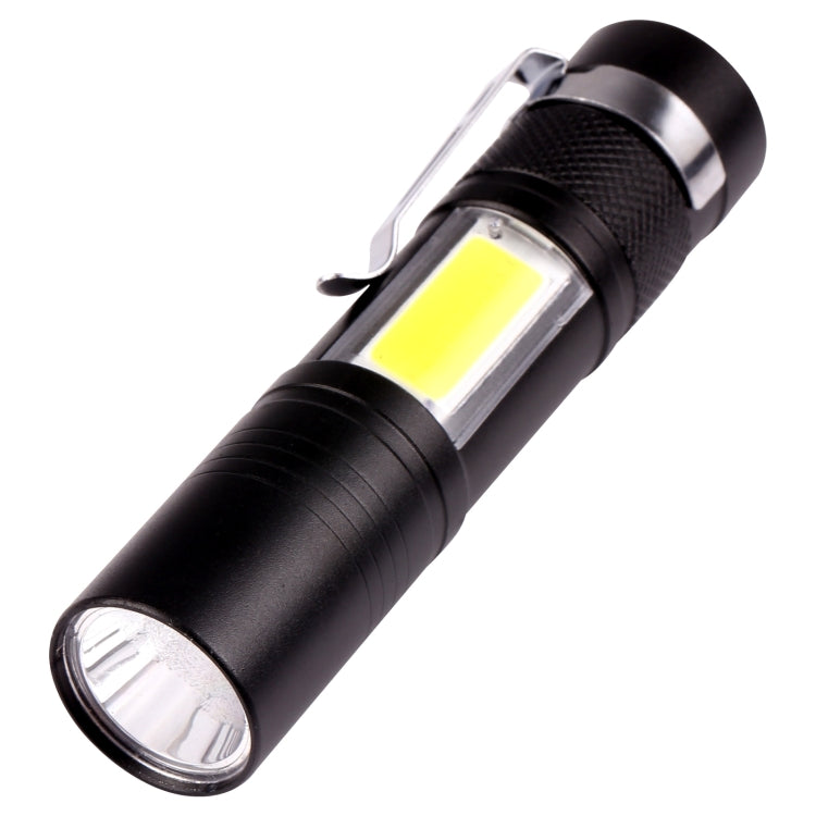 Black pocket LED flashlight with COB-style lens and metal ring head