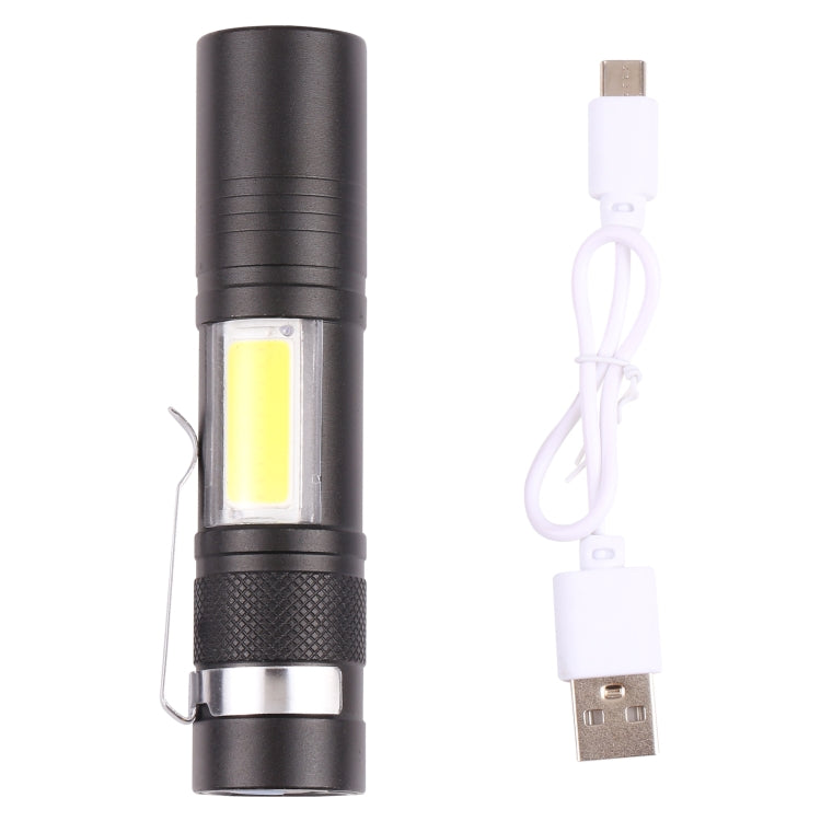Black pocket flashlight with charging cable and metal clip at base