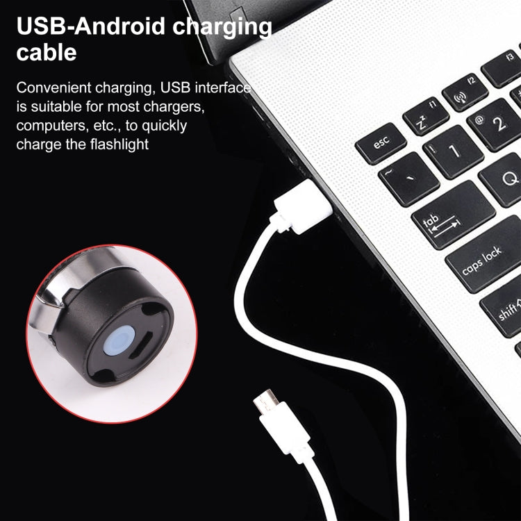 USB charging cable connected to pocket flashlight, with side charging port visible
