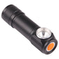 Black cylindrical LED flashlight with textured grip and orange side button