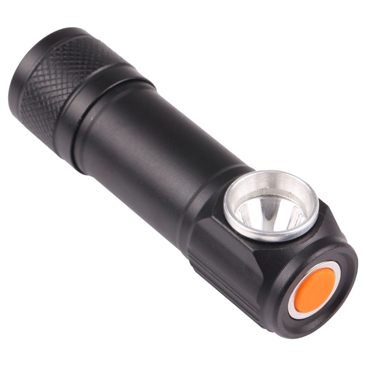 Black cylindrical LED flashlight with textured grip and orange side button