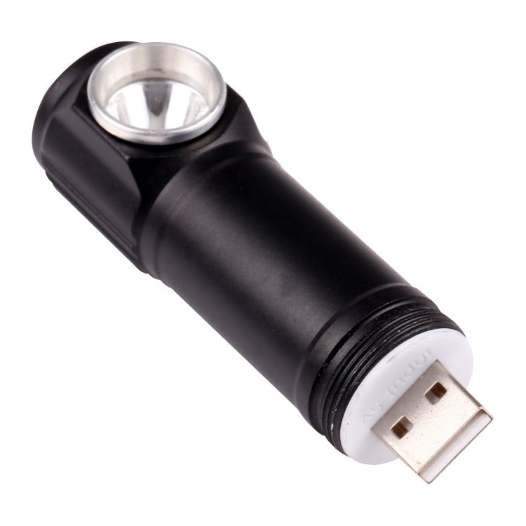 Black LED flashlight with USB charging plug on the end