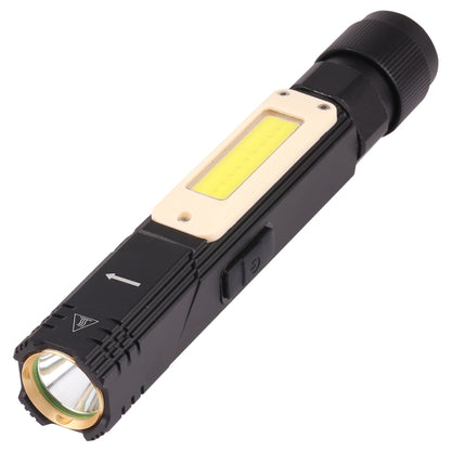 Black LED folding flashlight with COB panel, angled head, and textured grip