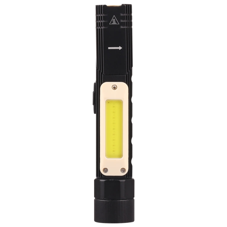 Black folding LED flashlight with side COB light window and ribbed handle