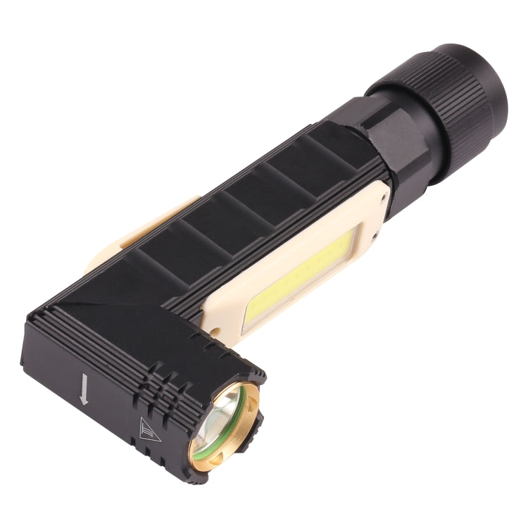 Angled black folding flashlight with front lens and rectangular COB light strip