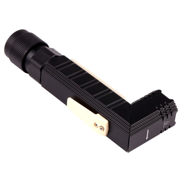 Black folding flashlight with hinged angled head and rectangular LED window