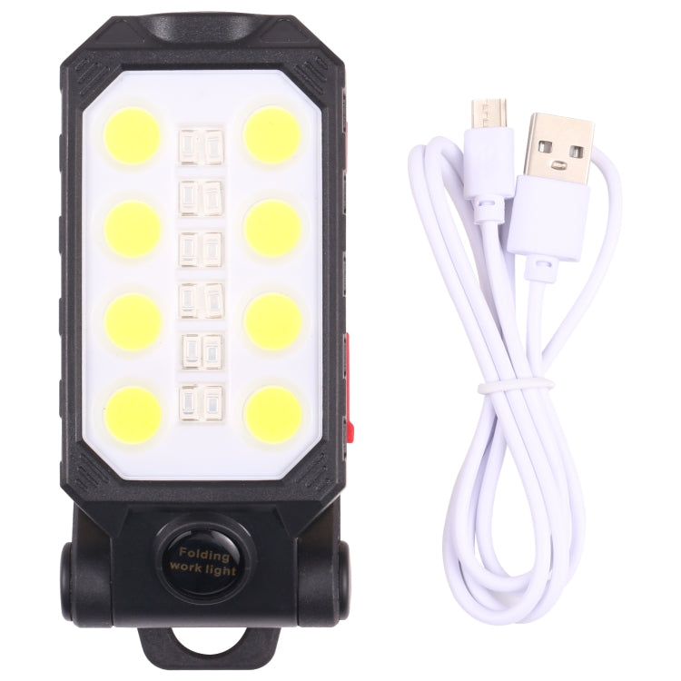 Front view folding LED work light with 8 LEDs, plus white USB charging cable