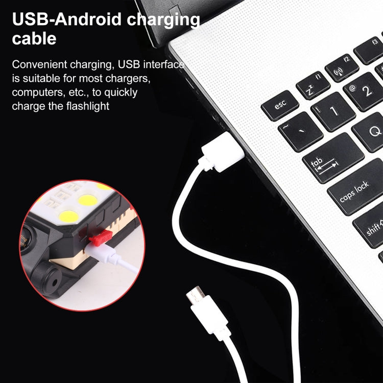 LED work light charging setup with white USB cable plugged into the light