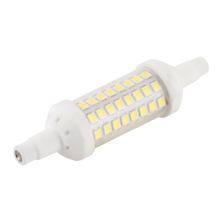 Dimmable LED glass tube bulb with two-prong base, close-up of white LED array
