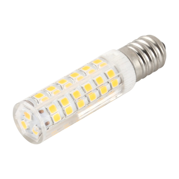 E14 LED corn bulb with clear cover and 2835 SMD LED array, base and lens close-up