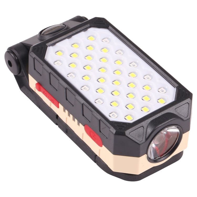 Folding LED work light with black body, red switch, and bright white LED panel