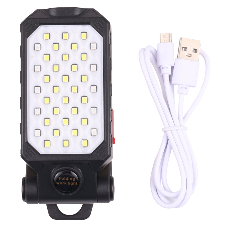 Folding LED work light with large white LED panel and included white USB charging cable