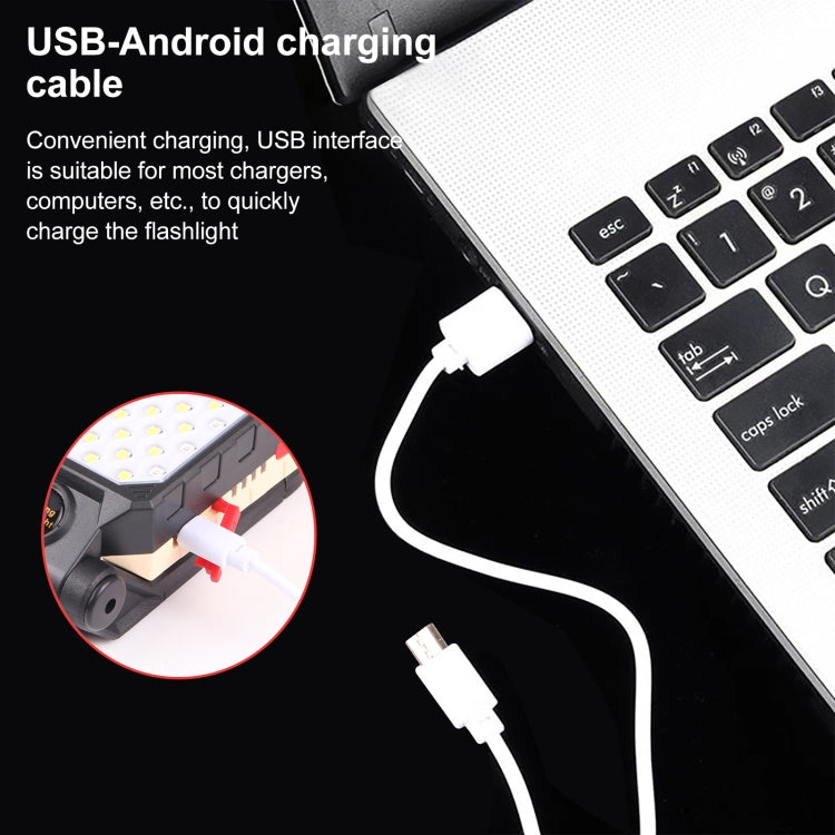USB charging cable connected to a folding LED work light with glowing LED panel