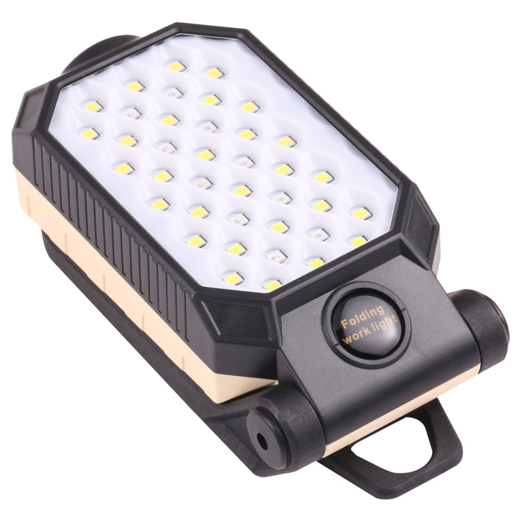 Folding LED work light with white LED panel and black housing, carrying handle