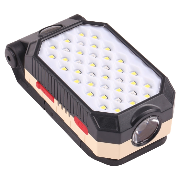 Folding LED work light with multi-mode control, black and tan body, side lens