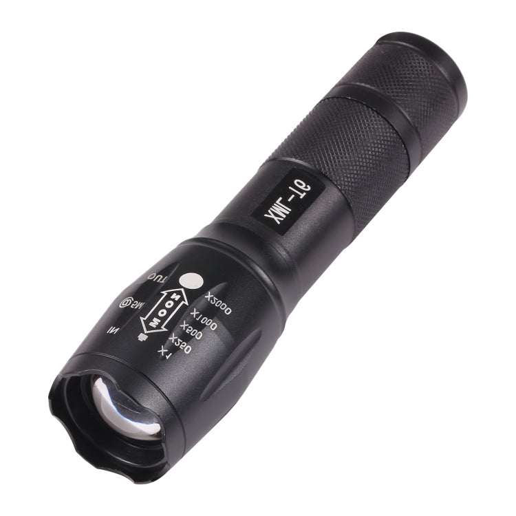 Black zoomable LED flashlight with textured grip and front lens aperture