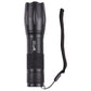 Black aluminum flashlight with wrist strap, control buttons, and tail cap