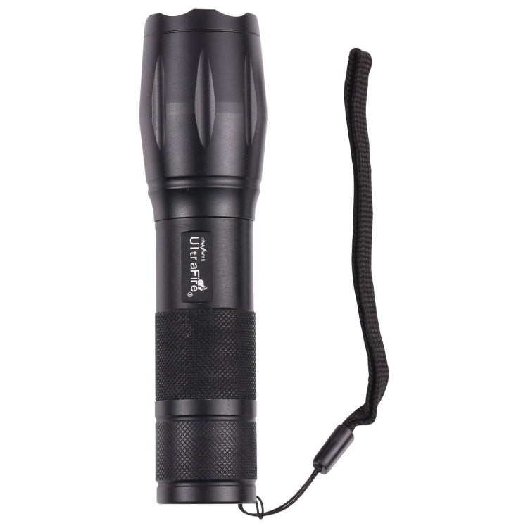 Black aluminum flashlight with wrist strap, control buttons, and tail cap
