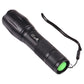 Black zoomable flashlight with bright green front bezel and wrist strap