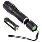 Black flashlight with green lens and wrist strap plus mounting bracket